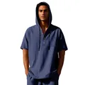 Close-up detail of navy blue linen hooded Henley shirt with functional pocket - S / Tops / Navy Blue