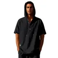 Close-up of a men's loose black linen hooded Henley t-shirt featuring wooden buttons - S / Tops / Black