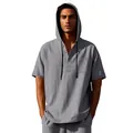 Detailed view of men's grey linen hooded Henley shirt with buttons and chest pocket - S / Tops / Gray