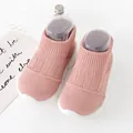 Comfortable pink knitted baby sock shoes for toddler walking with soft white soles - Internal Length 11.5cm / Pink