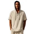 Front view of men's loose casual linen hooded Henley short sleeve T-shirt in beige - Light Khaki