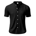 Vista detallada de camisa de lino negro para hombre con cuello mao y un bolsillo frontal - Negro