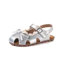 Mädchen silberne geschlossene Sandalen mit Schleife und Spitze, weiche Gummisohle. - Silber