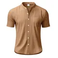 Camisa de lino marrón para hombre de manga corta con cuello mao y bolsillo casual - Amarillo Tierra