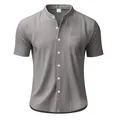 Camisa informal de manga corta para hombre en gris con mezcla de lino y cuello mao - Gris Medio