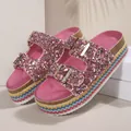 Pink glitter platform sandals with double gold buckles and rainbow woven soles - Rose Red