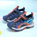Navy blue and orange boys' sandals featuring a protective closed-toe and mesh panels - 26 / Dark Blue and Orange