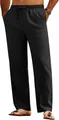 Detailed view of men's casual black linen trousers with comfortable drawstring waist - S / Bottoms / Black