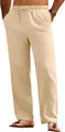 Men's summer lightweight drawstring casual linen trousers in a loose straight-leg fit. - S / Bottoms / Khaki