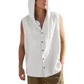 Detailed macro view of men's white linen sleeveless hooded shirt with button closure - S / Tops / White