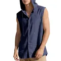 Relaxed fit men's casual sleeveless linen hooded shirt in deep blue, detail view profile. - Navy Blue