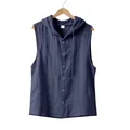 Camisa sin mangas de lino azul marino con capucha, botones frontales y ajuste holgado para hombre - Azul marino