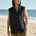 Close-up of black sleeveless hooded linen shirt for men on a beach background - S / Tops / Black