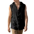 Camisa informal negra sin mangas con capucha de lino para hombre chaleco verano - Negro