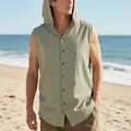 Men's summer hooded linen sleeveless shirt in sage green, perfect for casual beach outings - S / Tops / Army Green