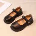 Chaussures Mary Jane noires en cuir véritable pour filles avec bride à volants et fleur. - 26 / Noir