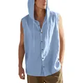 Close-up detail of men's sleeveless hooded linen shirt in light blue with front buttons - S / Tops / Light Blue