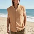 Detail of a men's sleeveless hooded linen shirt in beige for summer beachwear - S / Tops / Earthy Yellow