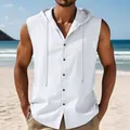 Men's sleeveless hooded linen shirt in white with button closure for summer beachwear - S / Tops / White
