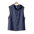 Close-up of a navy blue sleeveless linen hooded shirt with front buttons on a hanger - S / Tops / Navy Blue