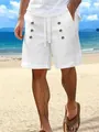 Summer men's casual cotton linen shorts in white with drawstring waist and button details - S / Bottoms / White