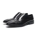 Zapatos Oxford clásicos de cuero negro para hombre con puntera cuadrada para negocios - Negro