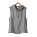 Detailed view of gray men's sleeveless hooded linen shirt with natural fabric texture - S / Tops / Gray