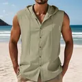 Camicia da uomo senza maniche con cappuccio in lino verde kaki per lo stile spiaggia - Verde militare