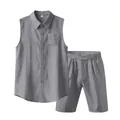 Completo uomo estivo in lino grigio con camicia senza maniche e pantaloncini - Taglia S / Top e Pantaloni / Grigio
