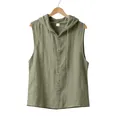 Detail showing button closure and textured linen fabric on hooded sleeveless top - Army Green