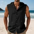 Close-up detail of a men's sleeveless hooded linen shirt in a beach lifestyle scene - S / Tops / Black