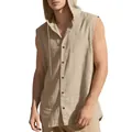 Casual khaki men's linen hooded sleeveless shirt with a loose fit and button front - S / Tops / Light Khaki