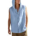 Casual light blue men's sleeveless hooded linen shirt with a relaxed loose fit - Light Blue