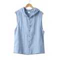 Close-up of men's sleeveless linen hooded shirt with buttons in light blue. - Light Blue