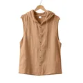 Close-up detail view of a khaki sleeveless hooded shirt in breathable linen fabric - Earthy Yellow