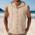 Dettaglio di una camicia con cappuccio senza maniche in lino beige da uomo estiva - Khaki chiaro