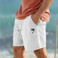Pantaloncini mare in cotone e lino bianco con stampa palma nera e vita con coulisse - Taglia S / Parte Inferiore (Stampa LOGO Nera) (999999) / Bianco
