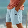 Primo piano di pantaloncini da spiaggia azzurri in cotone e lino con palma. - Taglia S / Parte Inferiore (Stampa LOGO Nera) (999999) / Azzurro