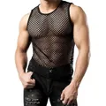 Detail shot showing the breathable black mesh fishnet texture of this men's sleeveless vest - S / Tops / Black