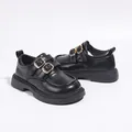 Elegant girls black British style leather loafers with double gold buckles variant view - Black