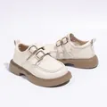 Elegant girls British style off-white leather loafers featuring chic double buckle straps - Off White