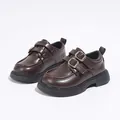 Dark brown British style girls leather loafers with double buckle straps for school - Dark Brown