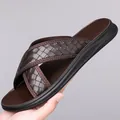 Men's premium summer woven brown slide sandals with breathable anti-slip sole for beach use - 38 / Brown