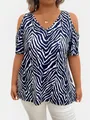 Fashionable plus size cold shoulder V-neck top featuring a bold navy and white zebra print - XL / Tops / Navy Blue