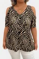 Plus size zebra print V-neck top with cold shoulder cutouts for casual summer wear - XL / Tops / Gold