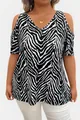 Detail of plus size V-neck top with zebra print and stylish cold shoulder cutouts for summer. - XL / Tops / Black