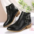 Elegant women's black pointed toe block heel ankle boots with buckles and side zipper. - Black