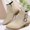 Elegant beige pointed-toe chunky heel ankle boots featuring side zipper and buckle straps - Off White
