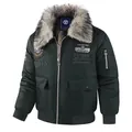 Men's dark green winter bomber jacket with a thick faux fur collar and ribbed cuffs - S / Army Green