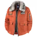 Men's stylish orange winter bomber jacket featuring a warm fur collar and pilot patches - S / Orange Red